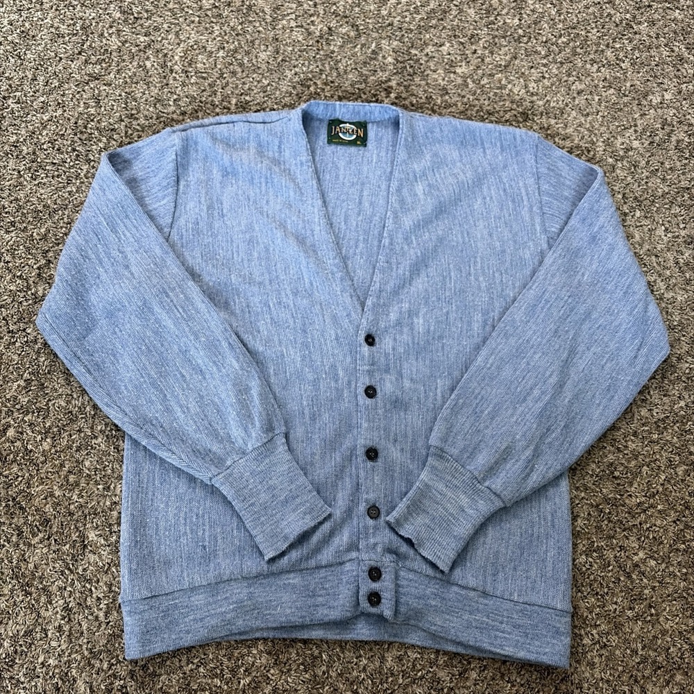 80s VTG Jantzen USA Blue Button Cardigan Sweater Mens XL Knit Retro Preppy